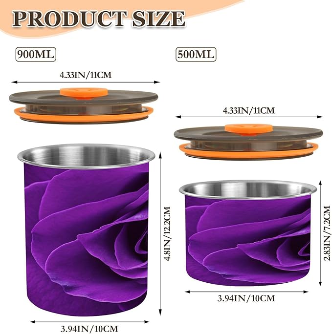 Purple Rose Airtight Food Canister, 30oz Stainless Steel Storage Jar for Coffee Beans Tea Grains Snacks, Kitchen Organizer Decor