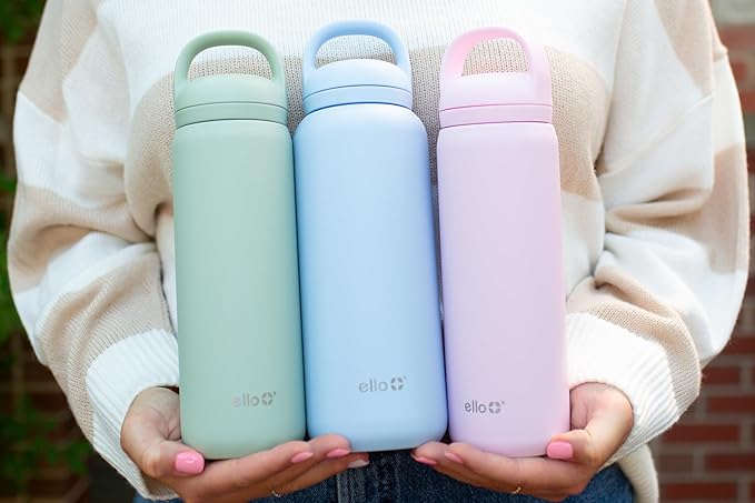 Ello Cooper Twist 22oz Stainless Steel Water Bottle with Chug Lid | Leak Proof Double Walled and Vacuum Insulated | Fits Car Cupholder | Built in Carry Loop | Dishwasher Safe | Cashmere Pink