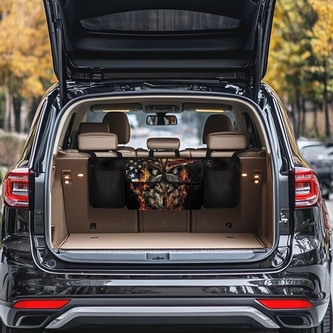 American Flag Wolf Car Trunk Organizer and Storage, Backseat Hanging Organizer for SUV, Truck, Waterproof Cargo Storage Bag with 4 Pockets, Car Interior Accessories for Men Women