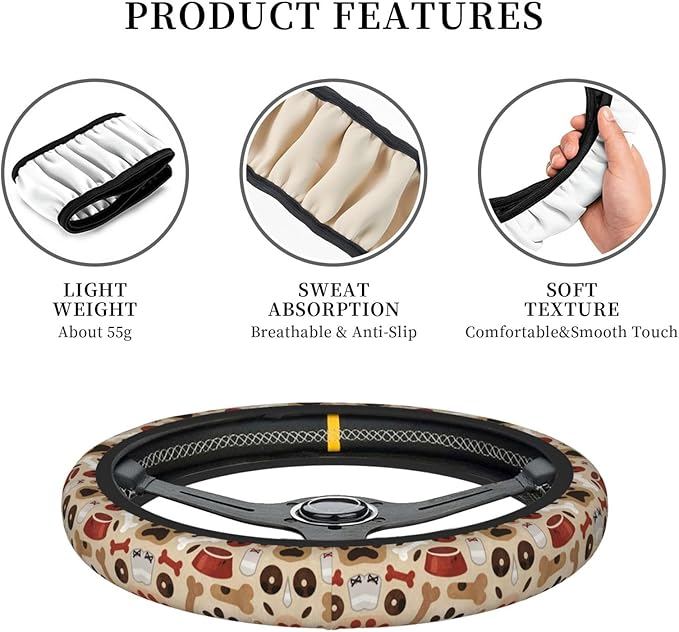 Dogs-Paws Prints Bones Car Steering Wheel Cover, 15 Inch Steering Wheel Cover Stylish Decor for Most Cars