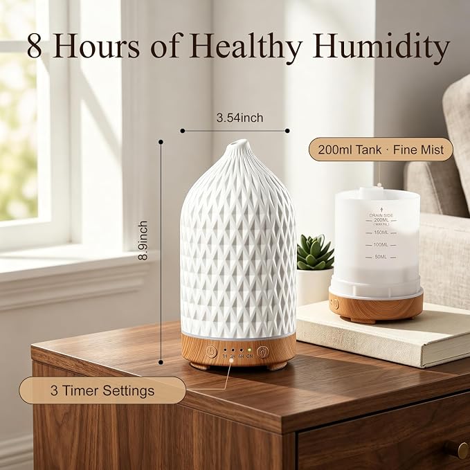 Gooamp 200ML Ceramic Essential Oil Diffuser - Ultrasonic Aromatherapy & Humidifier with 7-Color LED Lights, Auto Shut-Off, Rhombus, 1H/3H/6H Timer | Scent for Home,Office,Yoga