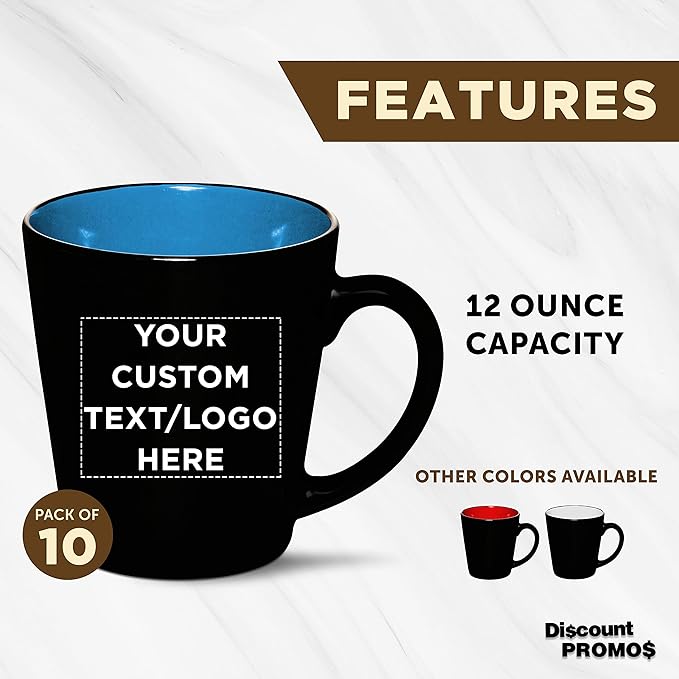 Custom Ceramic Coffee Latte Mugs 12 oz. Set of 10, Personalized Bulk Pack - Perfect for Coffee, Tea, Espresso, Hot Cocoa, Other Beverages - Blue