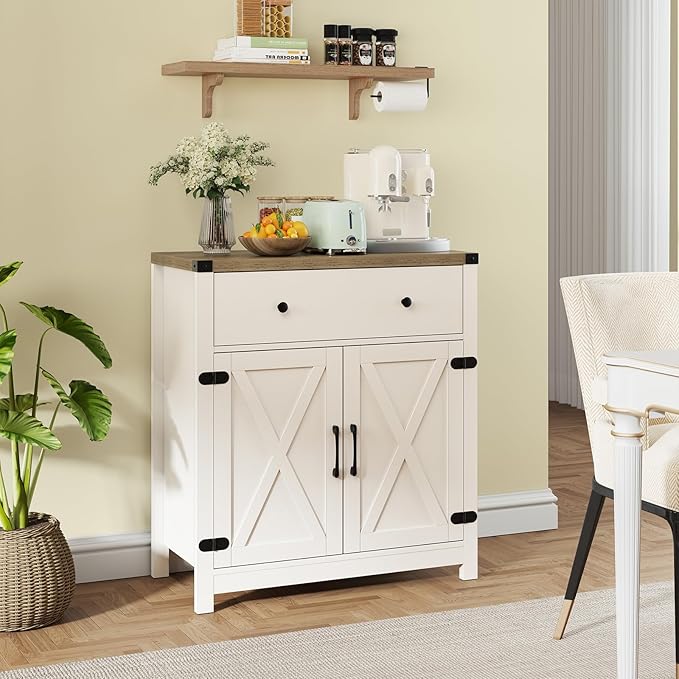 Coffee Bar Kitchen Storage Cabinet,Sideboard Buffet with Storage,Farmhouse Bar Door Kitchen Cabinet with Drawer and Adjustable Shlef, White,(13.8" D x 31.5" W x 34.65" H inch