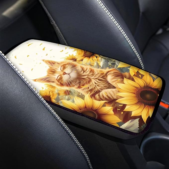 Floral Cat Car Center Console Cushion Pad Decorative Cute Armrest Box Cover Center Console Pad Non Slip SUV Vehicle Automotive Interior Decoration for Women