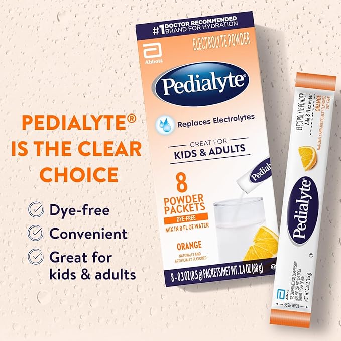 Pedialyte Electrolyte Powder, Hydration Drink for Kids & Adults, Orange, 8 Powder Packets