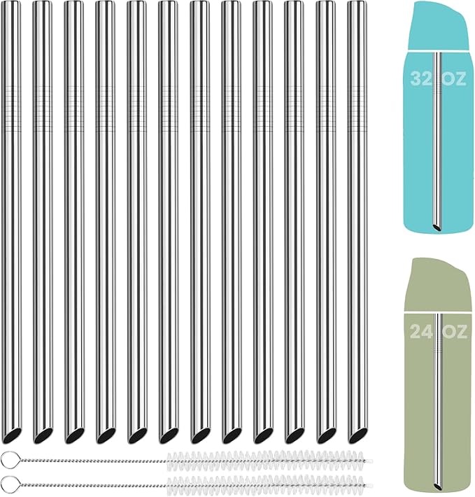 NiHome 12-Pack Stainless Steel Straws for Owala 24oz & 32oz Flip and FreeSip Bottles, Smooth Sipping Angled Tip, Reusable Metal Straws for Smoothies and Iced Drinks, BPA-Free with 2 Cleaning Brushes