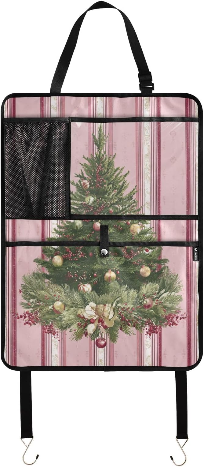 2 Pack Back Seat Car Organizer with Storage Pockets Kick Mats Back Seat Protector Hanging Car Organizer Automotive Seat Back Cover Organizers Cute Pink Striped Christmas Tree