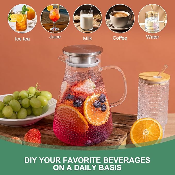 2.0 Liter 68 oz Glass Pitcher with Lid and Spout, Glass Carafe for Hot/Cold Water, Large Iced Tea Pitcher for Coffee, Milk,Juice and Homemade Beverage,Iced Coffee, and Container for Drinks