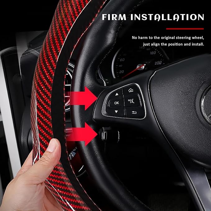 Sun Walker Carbon Fiber Car Steering Wheel Cover, 15" Anti-Slip Wear-Resistant Steering Wheel Protector Stylish Interior Decor, Ultra-Thin Comfortable Leather Wheel Cover for Women Men (Red)