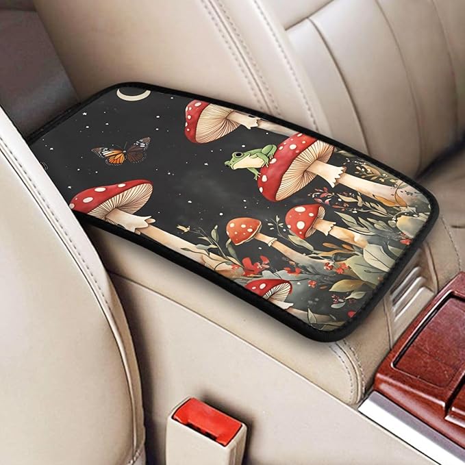 Universal Car Center Console Cushion Pad, Frog Red Mushroom Soft Waterproof Car Center Console Cover Auto Armrest Seat Box Cover Protector for Most Vehicle SUV Truck Car