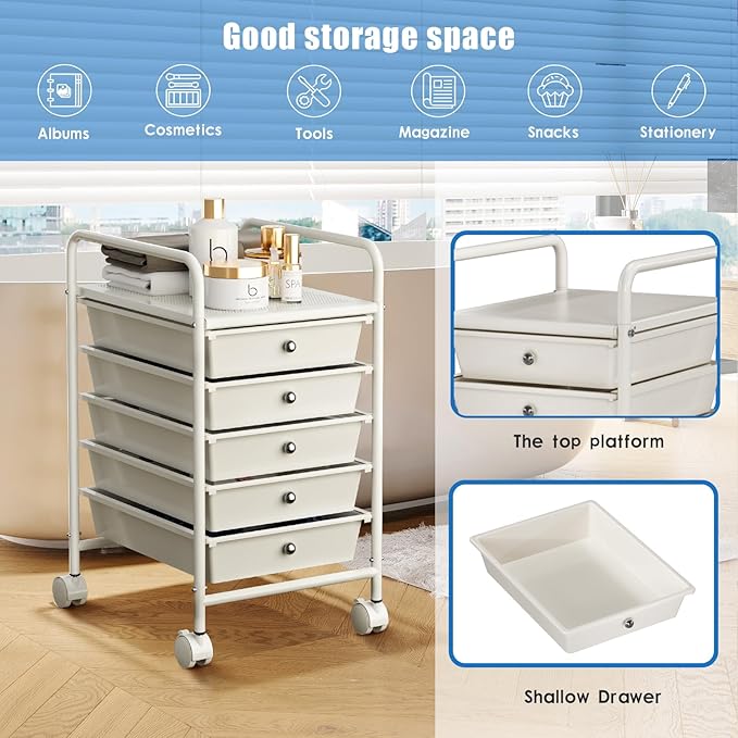 5-Tier Rolling Cart with 5 Drawers, Rolling Utility Cart with 2 Lockable Caster Wheels, Multipurpose Mobile Rolling Storage Drawer Cart for Office Bathroom Kitchen, Ivory White
