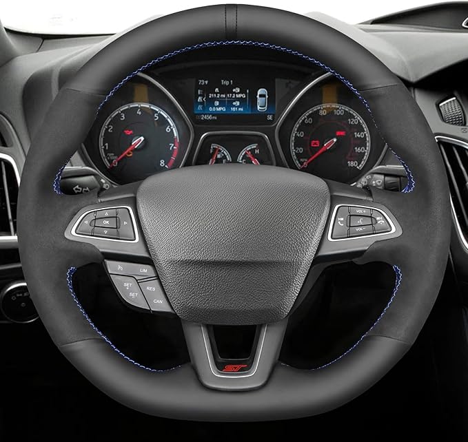 MEWANT Hand Stitch Steering Wheel Cover for Ford Focus MK3 ST 2015-2018 / Focus RS 2016-2018 Black Genuine Leather Suede Custom Fit Wrap DIY Interior Upgrade