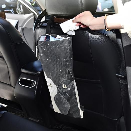 ALAZA Hanging Car Trash Bags Garbage Bag Trash Can for Back Seat Small Black Cat White Cat Washable Storage Bag Retractable 2 Pack