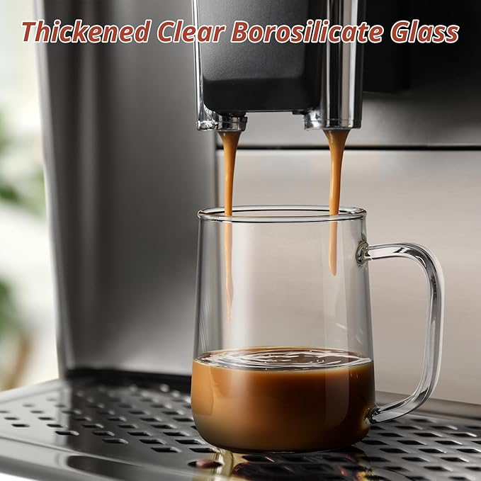 Glass Coffee Mugs, 16 oz Glass Coffee Cups with Acacia Wood Lids, Clear Borosilicate Glass Mugs with Handles for Cappuccino, Tea, Latte, Hot/Cold Beverages, Wine, Americano, Set of 4