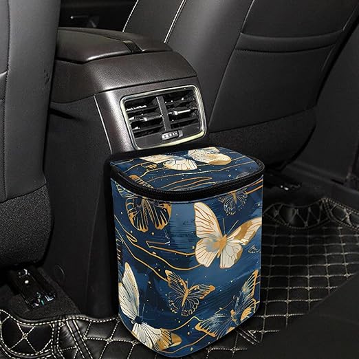 Deep Blue Car Trash Bin Adorned with Gold Butterfly Accents, Featuring a Zippered Portable Design to Keep Vehicle Neat and Organized