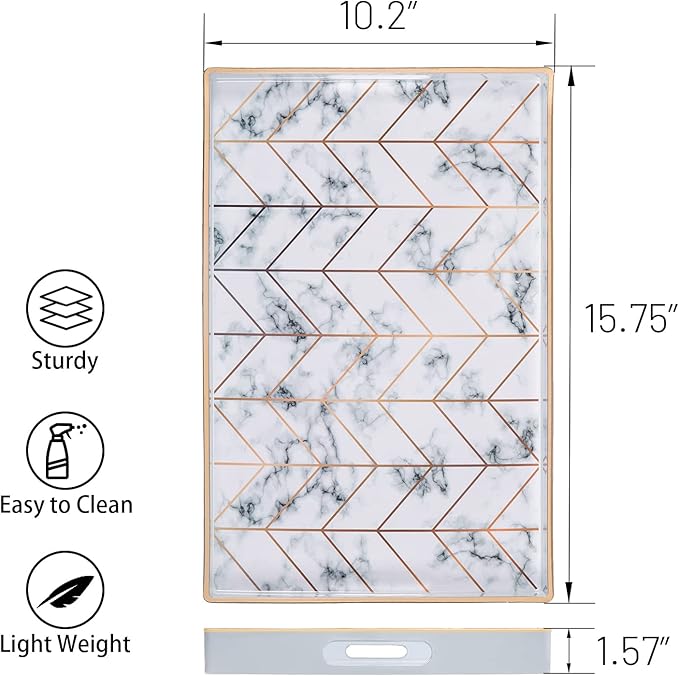 MAONAME Rectangular Decorative Tray, Modern White Serving Tray with Handles, Marbling Plastic Trays for Ottoman, Coffee Table Trays for Living Room, Home Decor, 15.8" x 10.2" x 1.4"