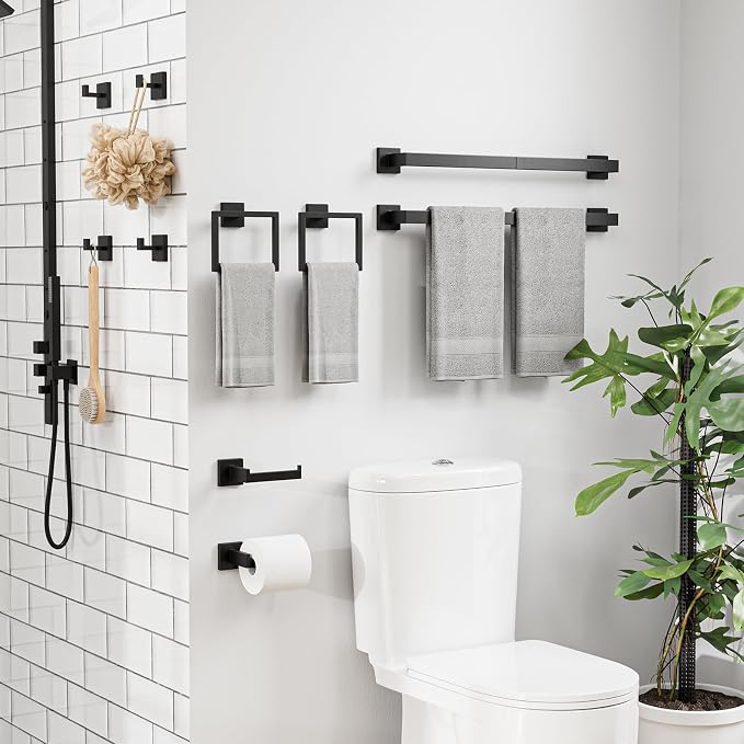 20-Pieces Matte Black Bathroom Accessories Set, 24 Inch Bathroom Hardware Set, SUS305 Stainless Steel Bath Towel Bar Set, Towel Racks for Bathroom Wall Mounted