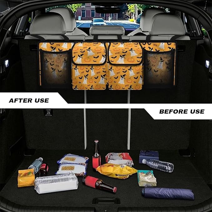 Hanging Car Trunk Organizer with 4 Pockets Halloween Spooky Bats Auto Back Seat Storage Bag Auto Interior Accessories for Sedans SUV MPV Trucks Jeep Pickup