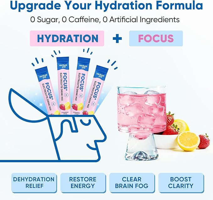 Venture Pal 2-in-1 Hydration Packets + Focus Support Electrolytes Powder, 7 Electrolytes + Vitamins, Magnesium, Lion's Mane & L-Theanine | Sugar Free Liquid Daily IV Drink Mix, Vegan, Keto, 16 Sticks