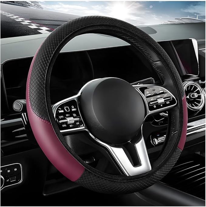 Elastic Steering Wheel Cover - Microfiber Leather Carbon Fiber Protector with Anti-Slip Lining, Interior Accessory (Wine Red, AD)