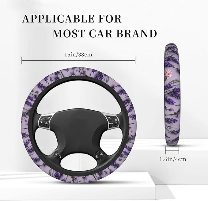 Car Steering Wheel Cover with Anti-Slip Lining, Universal 15 inch Wheel Cover, Fashion Car Interior Accessories for Women Men - Purple Lavender Flower