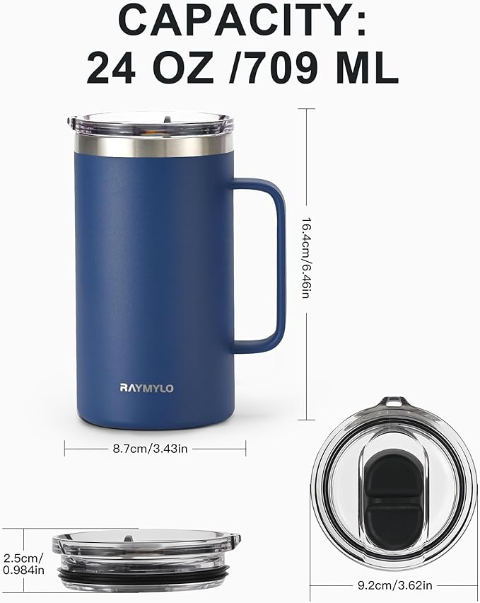 Insulated Coffee Mug 24 oz, Double Wall Stainless Steel Coffee Mug with Lids, Leak-Proof & Detachable Slider Lid for Thorough Clean, Keeps Coffee Cold for 9 Hrs, Suitable for Camp Home Office