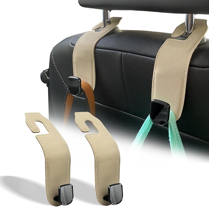 Car Seat Headrest Hook, 2 Pack Leather Car Purses and Bags Hooks Holder Hanger for Groceries Organization Accessories, Tan