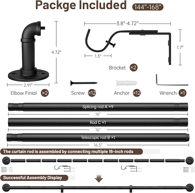 Zeerobee Curtain Rods for Windows 144 to 168, 1 Inch Industrial Wrap Around Black Curtain Rod, Indoor/Outdoor Room Divider Adjustable Drapery Pole, 144"-168"