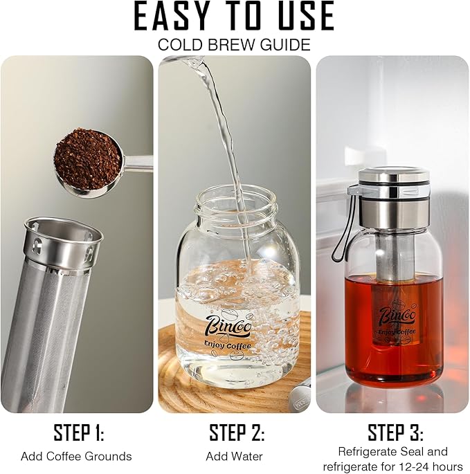 Bincoo Tea Infuser Bottle Glass Cold Brew Coffee Maker with Extended Long Filter – Premium, Durable, Easy-to-Clean Glass Bottle Stainless Steel Filter for Smooth Coffee & Tea (17oz / 500ml)