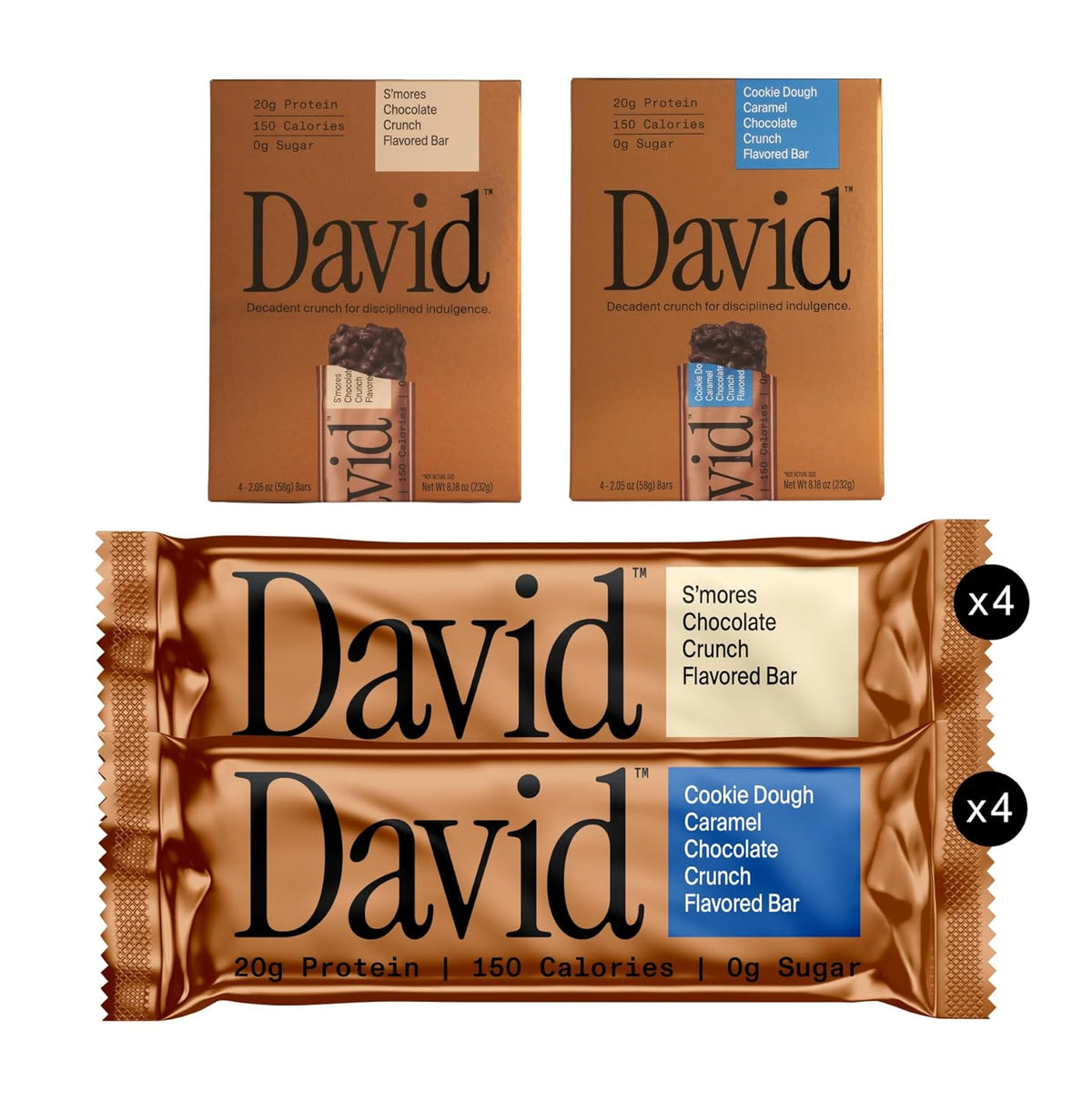David Bronze High Protein Bars - Cookie Dough Caramel Chocolate Crunch & S'mores Chocolate Crunch Flavored Bar - 0g of Sugar, Low Carb, Gluten Free - 20g of Protein, 150 Calories - On-The-Go Snack, Pack of 8