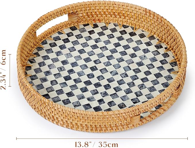 YANGQIHOME Round Rattan Tray with Handle, Mother of Pearl Inlay Decorative Wicker Basket for Coffee, Bread, Fruits, Serving Tray for Home Decor, Checkerboard