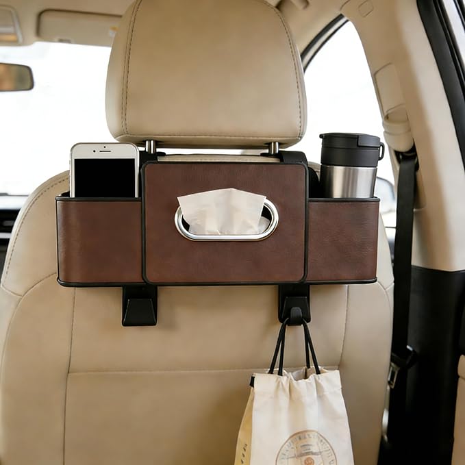Car Organizers and Storage Box, Multifunctional Car Seat Back Storage Box with Tissue and Hook for Hold Phone Water Cup Handbag, Fits Most Vehicles (Black,2PCS)