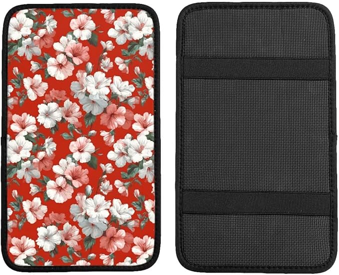 Red Hibiscus Car Center Console Cushion Pad Tropical Hawaii Armrest Seat Box Cover Protector Floral Cute Hawaiian Comfortable Cars Decor Accessories