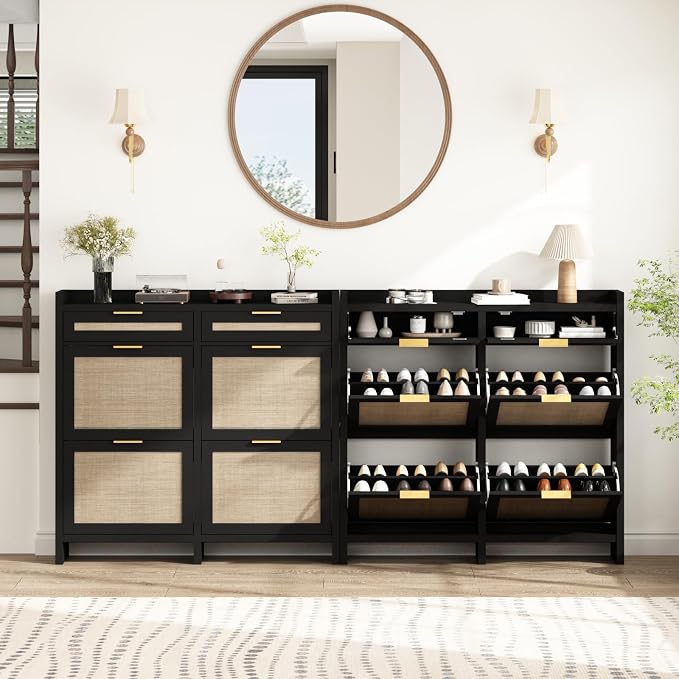 HOKYHOKY Large Rattan Shoe Storage Cabinet with 4 Flip Drawers & 2 Storage Drawers – Hidden Slim Shoe Organizer for Entryway, Large Tabletop Space, Farmhouse Boho Narrow Shoe Rack, Rustic Black