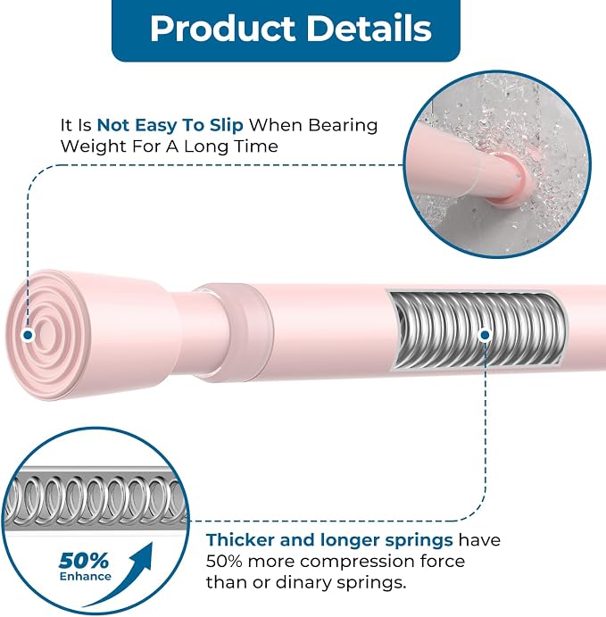 AIZESI Spring Tension Rods Adjustable Tension Curtain Rod Small Tension Rod No Drilling Expandable Spring Loaded Curtain Tension Rod（Pink,26" to 39"-2Pcs)