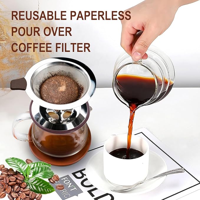 Pour Over Coffee Dripper, Stainless Steel Coffee Filter, Paperless Reusable Coffee Filter, Double mesh 600 Micro Strainer Coffee Maker with Heat-Resistant Silicone Handle & Base & Cleaning Brush