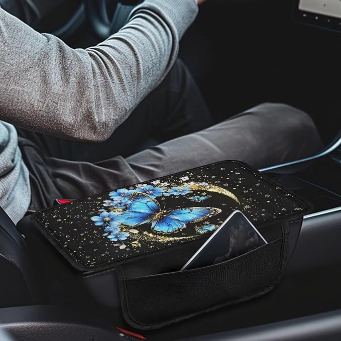 BIGCARJOB Blue Butterfly Car Center Console Cover Universal Armrest Cover for Car Center Console with Side Storage Portable Middle Console Cover Auto Center Console Organizer Bag