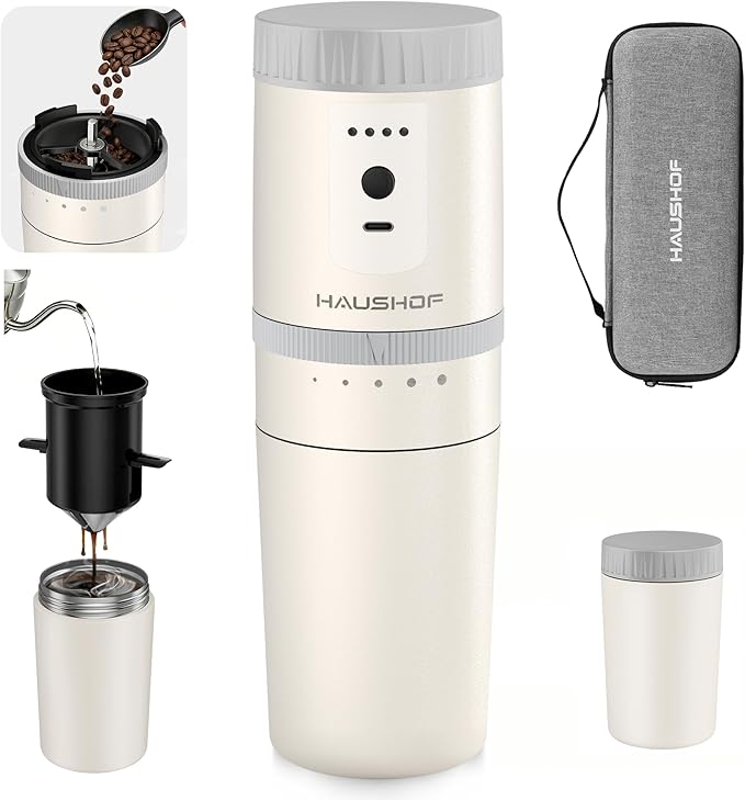 HAUSHOF Portable Coffee Maker, Camping Coffee Makers Travel Mini Coffee Maker, Portable Travel Coffee Maker with Grinder, Personal Cordless Travel Coffee Maker for Car, Camping, and Home