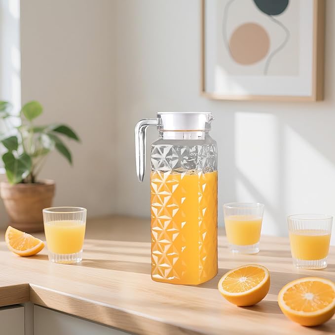 1 Pack 1.1L Plastic Jugs with Lid and Handle, Acrylic Juice Jug, Transparent Fridge Water Pitcher, Unbreakable, Easy to Clearn Water Jug for Iced Tea, Lemonade, Cold or Hot