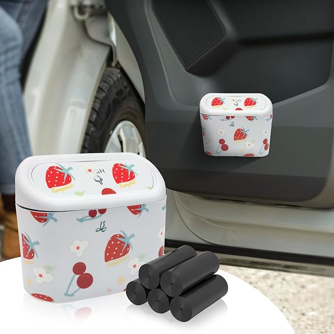 Mini Car Trash Bin with Lid – Automotive Garbage Can with 5 Trash Bags, Waterproof & Leakproof Vehicle Interior Waste Box for Car, Office, Home (White)
