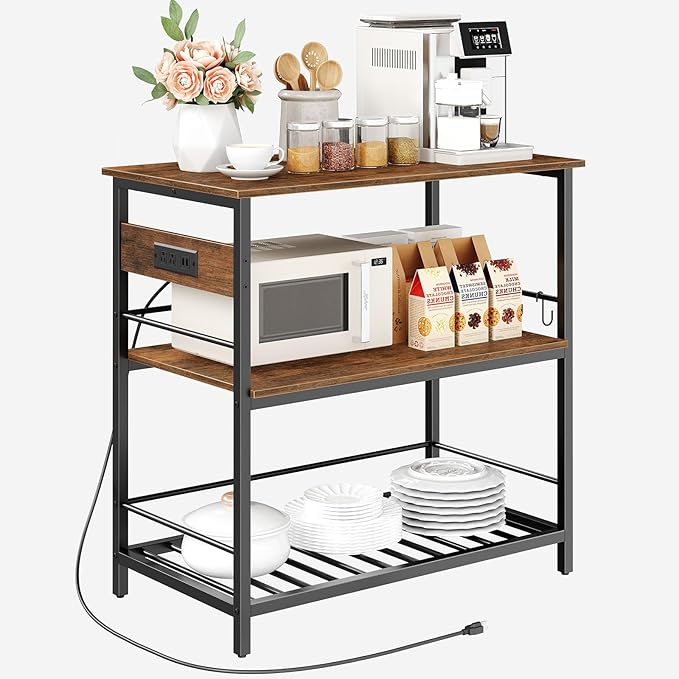 HOOBRO Kitchen Island with Storage, Kitchen Island Table with Power Outlet, 47.2" L 3 Tier Kitchen Counter and Microwave Stand, for Home, Kitchen and Dining Room, Rustic Brown and Black BF120UZD01