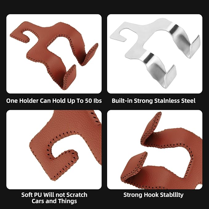 Headrest Hooks for Purses and Bags, Car Back Seat Organizer 2024 Upgraded 2 in 1 Durable Leather Hanger Holder Hook Car Interior Accessories,1-Pack,Brown