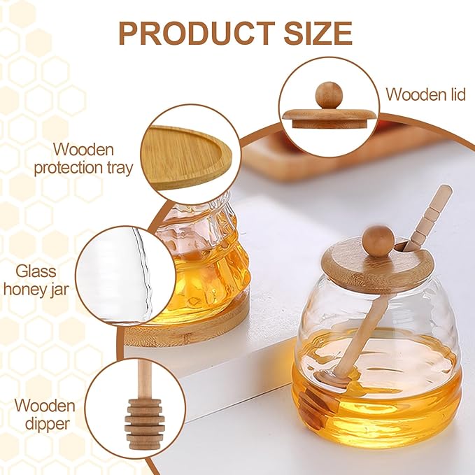 QUUPY 16.7Oz Glass Honey Jar with Dipper and Bamboo Lid Wide Mouth Syrup Containers Dispensers for Coffee Bar Home Kitchen Organization