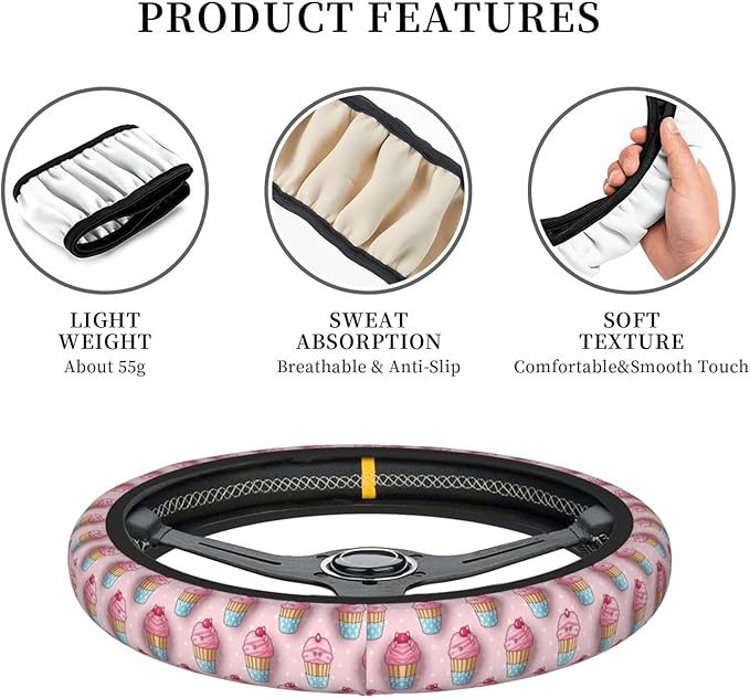 Cupcake Pattern Universal Fit Steering Wheel Cover for Car, Truck, and SUV, Durable Steering Wheel Protection