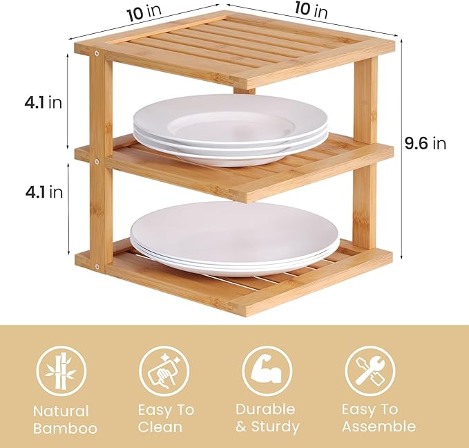 2 Pack Bamboo Corner Shelf,3 Tier Kitchen Cabinet Organizer for Plates and Dishes,Pantry Storage and Spice Rack（Natural）