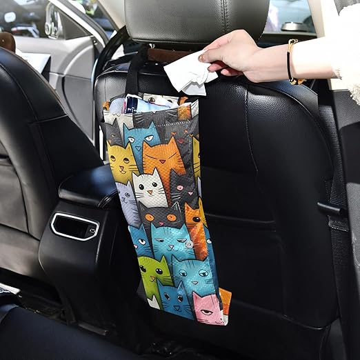 ALAZA Hanging Car Trash Bags Garbage Bag Trash Can for Back Seat Small Colorful Cat Vintage Washable Storage Bag Retractable 2 Pack