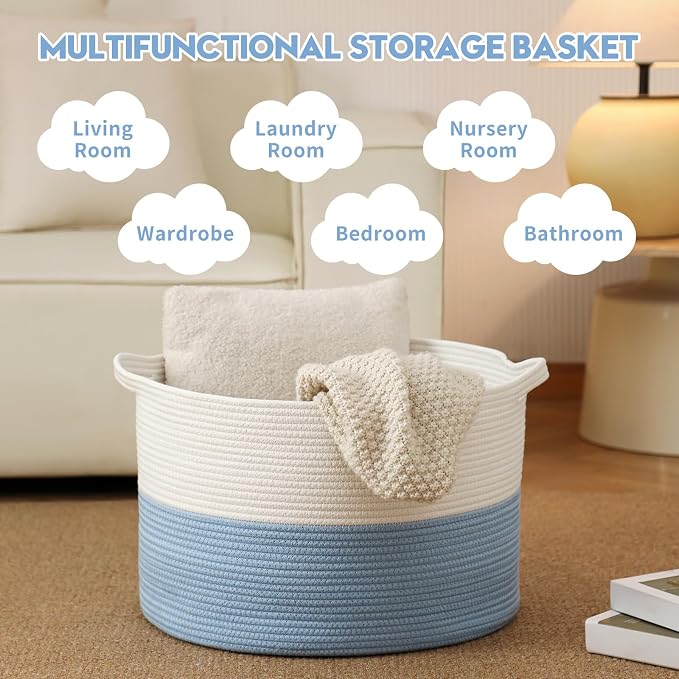 Foldable Laundry Hamper Basket with Collapsible Handle Cotton Rope Soft Woven Fabric Storage Organizer Clothes Toys Nursery Bedroom Dorm Space Saving Bin (White & Blue, 80L(21.7"D x 13.8"H))
