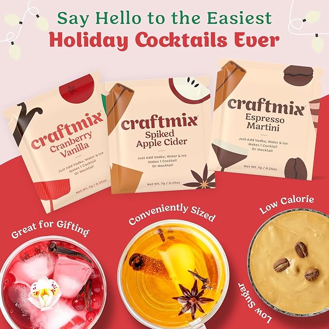 Craftmix Holiday Variety Cocktail & Mocktail Drink Mixer, Skinny Mixes - Water Flavoring Packets - Made With Real Ingredients - Vegan, Low-Carb, Low-Sugar, Non-GMO, Dairy Free, Gluten Free, 12 Pack