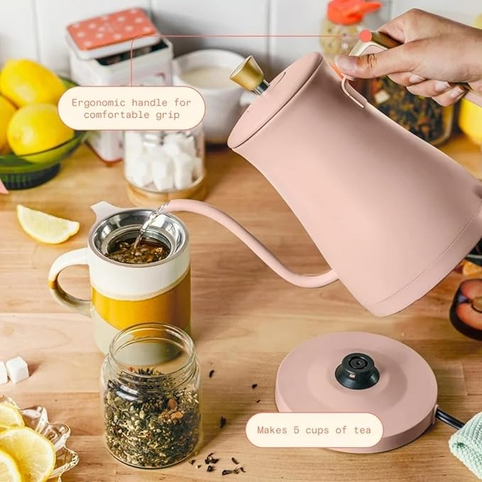 Electric Gooseneck Kettle 1 Liter 1200W, Stainless Steel, Pour Over Coffee Tea, Auto Shut-Off, 360° Cordless Power Base (Rose)