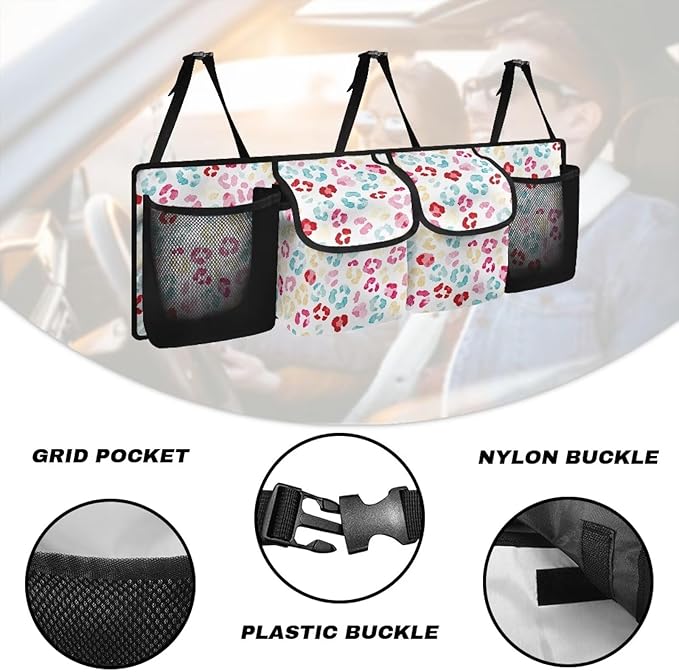 Colorful Leopard Backseat Car Organizer, Durable Trunk Organizer with 4 Pockets & Buckle Straps, Waterproof Hanging Automotive Storage Bag for SUV Van Sedan When Trip
